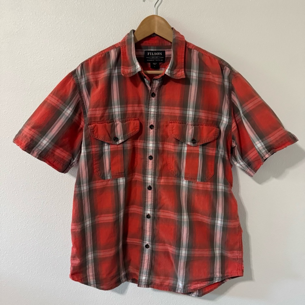 Filson Washed Short Sleeve Feather Cloth Shirt Red Brown Plaid Button Up-Large